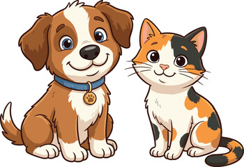 Obraz premium Cute Cartoon Dog and Calico Cat Vector Illustration Featuring Friendly Domestic Pets Sitting Together Isolated on White Background for Veterinary and Pet Care Designs