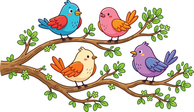Cute Cartoon Birds on Tree Branch Vector Illustration with Four Colorful Songbirds and Green Leaves Isolated on White for Spring and Nature Designs