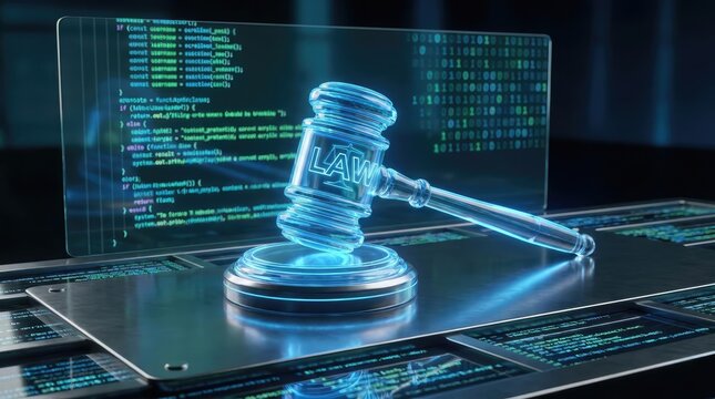 A futuristic depiction of justice, featuring a digital gavel, symbolizing legal tech and cyber law