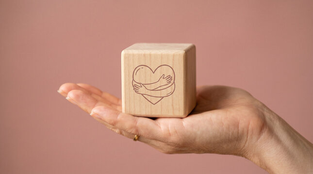 A wooden cube with arms wrapping around a heart icon held by hand on a warm dusty-rose background, symbolizing self-compassion and inner kindness.