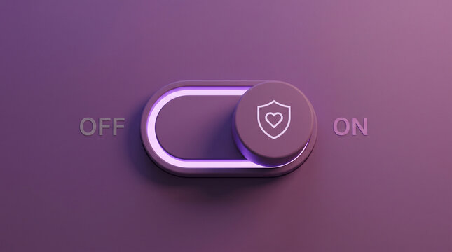 A 3D-rendered toggle switch in ON position with a safe-space shield heart icon on a warm violet surface representing workplace mental health activation.