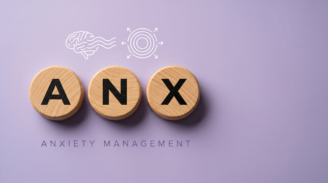 Three warm wood discs spelling ANX with a calm brain-wave and breathing circle icon above on a soft lavender background for anxiety management tools.
