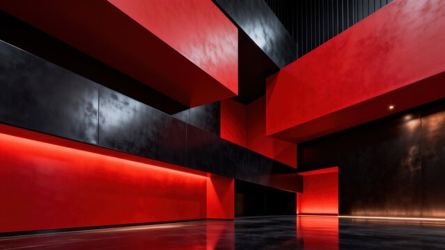 Modern abstract interior with red and black panels