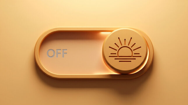 A 3D-rendered toggle switch in ON position with a sunrise horizon icon on a warm golden-peach surface representing depression recovery and hope activation.