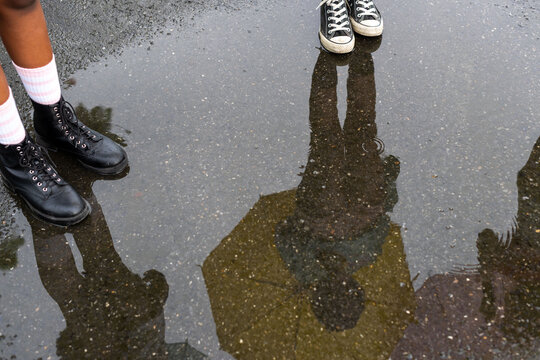 Reflections in rainy puddle.