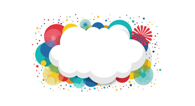 Fun and festive celebration background featuring a large white cloud-shaped frame surrounded by colorful circles, stars, and confetti.
