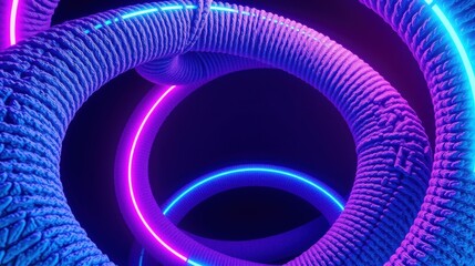 Fototapeta premium Abstract neon rings, textured tunnel. Vivid purple, blue hues create futuristic visual. Dark background emphasizes glowing shapes.