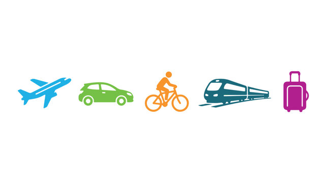 Travel and Transportation Icon Set, Flat Vector Illustrations of Airplane Car Bicycle Train and Suitcase for Tourism and Journey Design,