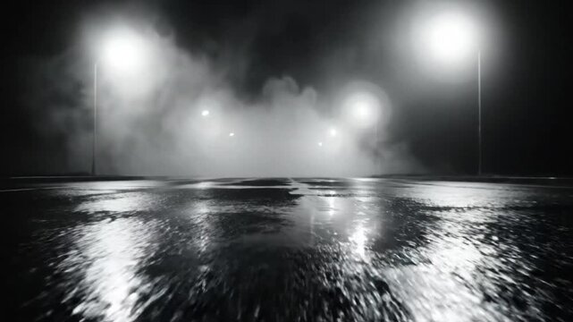 Low angle shot of a wet asphalt road at night with streetlights and fog, creating a mysterious and atmospheric ambiance