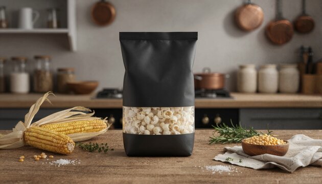 Rustic popcorn bag with raw corn kernels