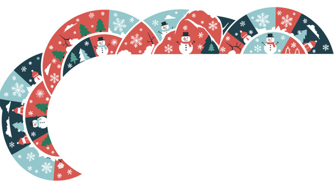 Decorative winter border frame featuring smiling snowmen pine trees and snowflakes in a festive red and blue color palette.