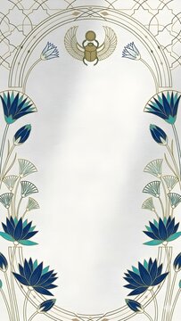 Luxury Arabic invitation frame with blue Egyptian lotus flowers and golden geometric ornaments