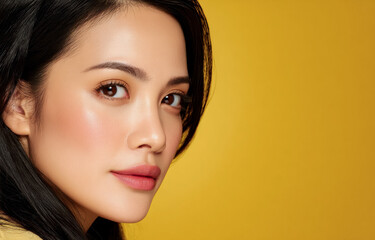 Naklejka premium Stylish Asian female model poses with modern makeup and smooth skin. Bright yellow tones create a bold fashion beauty portrait scene.