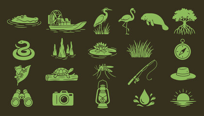 Everglades swamp safari vector icons for adventure tourism and nature exploration © 777SKYLABS