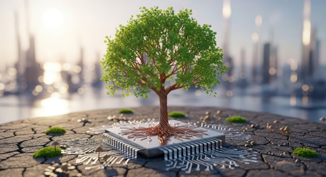 A conceptual image of a tree growing out of a computer processor chip on dry, cracked earth with a futuristic city in the background