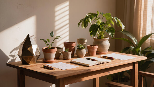 Sunny Desk with Potted Plants and Writing Supplies