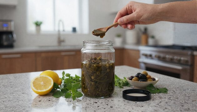 Serving pickled caper leaves in bright kitchen