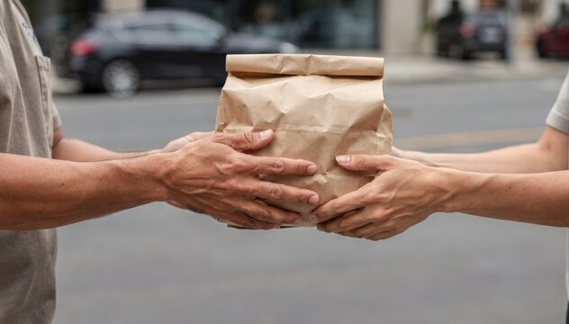 Medium shot of a curbside dispatch area with a delivery driver handing over a sealed meal bag detailed focus on hands and package background softly out of focus.