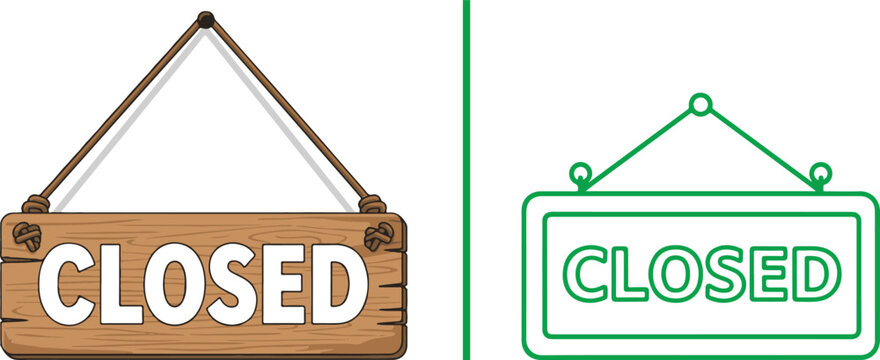 Closed sign vector set with wooden board and green line icon. Representing business hours, store closure, and unavailable services