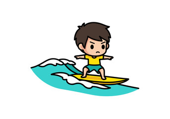 Fototapeta premium Cartoon illustration of a boy surfing on a wave with a determined expression.