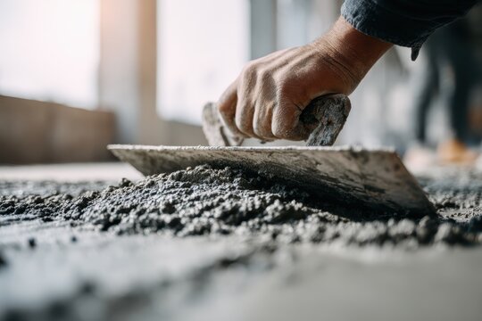 Mason using tool to level freshly poured grey concrete screed. Construction site of building pouring cement. Self Leveling wet mortar for floors. Master plasterer renovation home banner. Close-up hand