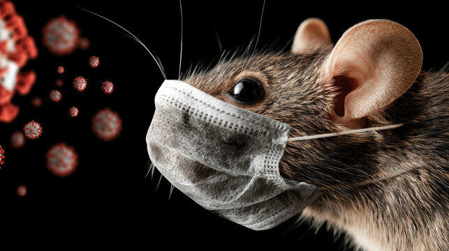 Mouse wearing face mask surrounded by hantavirus particles, symbolizing disease outbreak and public health awareness