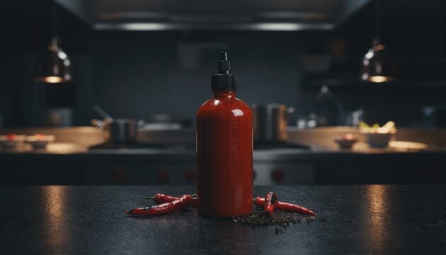 Spicy condiment bottle in moody restaurant lighting