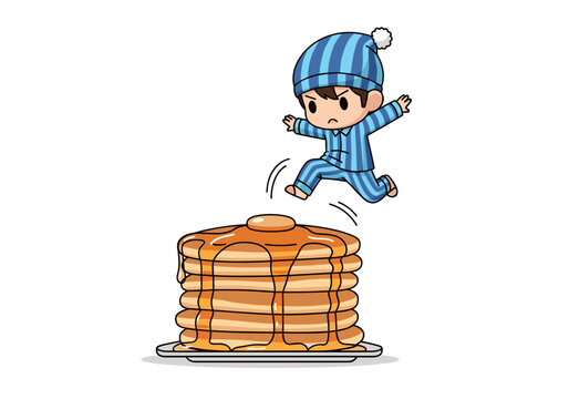 Cartoon child jumping over a stack of pancakes with syrup on a plate against a white background.