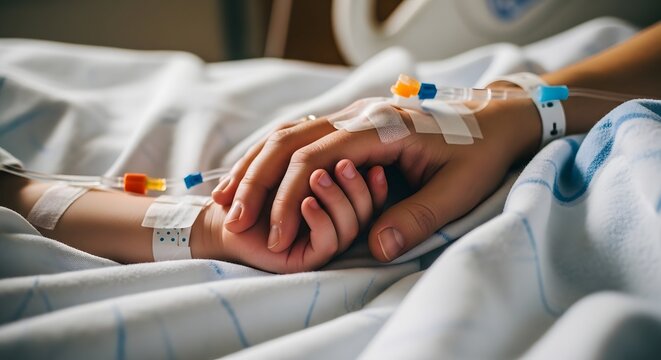 Medical care hands with IV drip in hospital setting