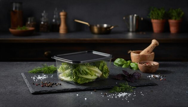 Vibrant baby cos lettuce on dark slate