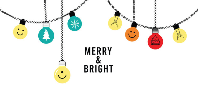 Christmas light bulbs hanging on chains with various festive symbols inside like a tree and snowflake on white background.