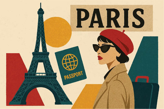 Contemporary design or art collage about Paris. Fashion vintage style. Travel, Vacation concept digital art style, illustration