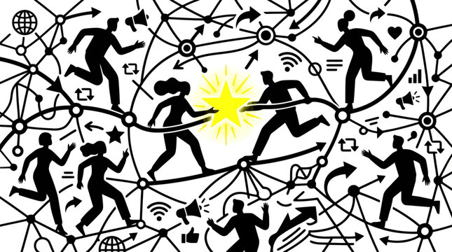 Silhouetted figures running on a network of interconnected nodes, reaching towards a central glowing star, symbolizing collaboration and achievement.