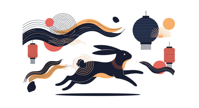 Stylized lunar new year rabbit illustration featuring a jumping hare among lanterns and traditional waves in a modern art style.