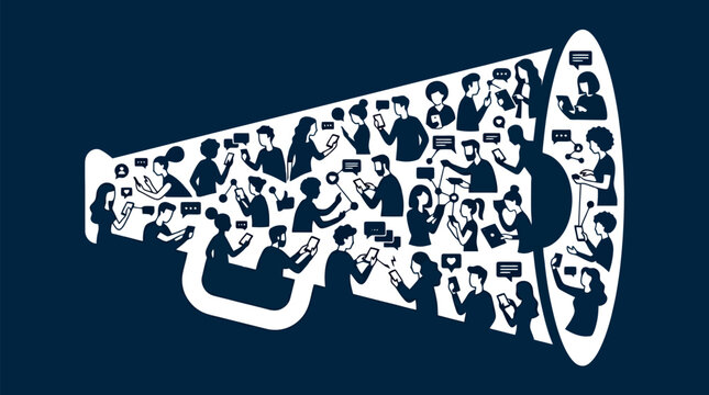 Illustration of a megaphone filled with diverse people using smartphones, symbolizing mass communication and social media.