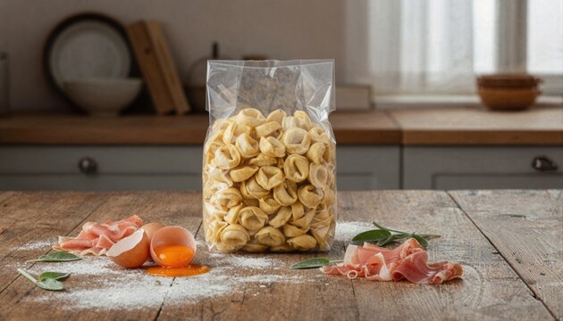 Artisan egg tortellini with raw ham on rustic wood