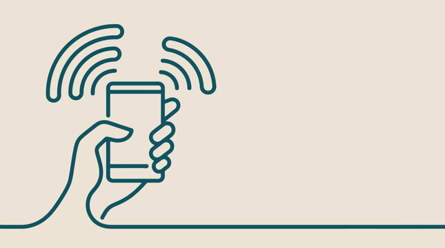 A minimalist line art illustration of a hand holding a smartphone with Wi-Fi signals emanating from it against a neutral background.