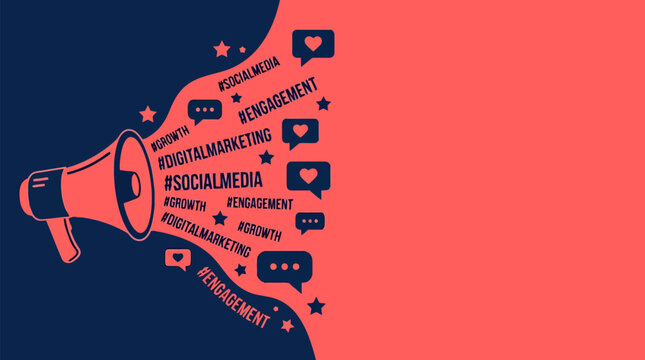 Megaphone blasting social media and digital marketing concepts like engagement and growth, symbolizing promotion and communication.