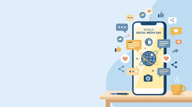 Illustration of a smartphone displaying World Social Media Day with social media icons floating around it, symbolizing global connectivity and online communication.
