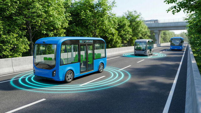 Ecological urban transit autonomous shuttle bus highway road Smart autonomous shuttle bus supports ecological. Eco friendly mobility. sustainable commuting innovation, future system efficiency