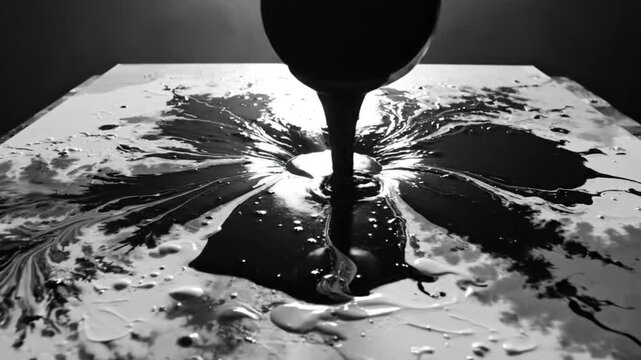 Black Paint Poured on Canvas Creating a Splatter Effect Illuminated by Overhead Bright Light in Monochrome