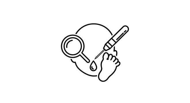 Newborn Screening: Blood Test on Baby Foot with Magnifying Glass and Syringe