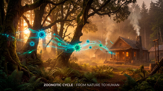 Digital art depicting the zoonotic cycle: glowing viruses transmit from a lush, misty forest to a remote human cabin, highlighting global health concerns.