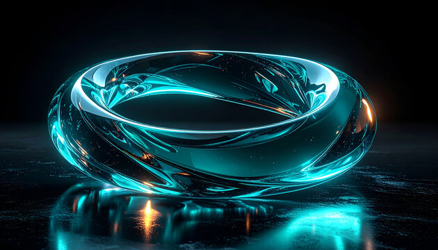 Luminous teal glass torus with swirling reflections abstract glowing doughnut shape on dark reflective surface futuristic design element