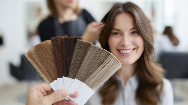 Hair color consultation in salon: smiling woman with hair sample palette for perfect match