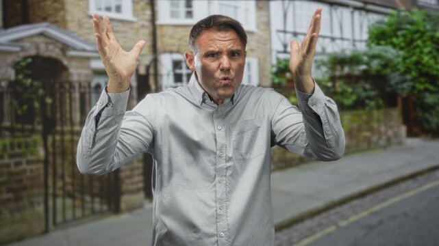 Man raising both hands and shouting on a narrow street in front of brick houses and iron gate; frustration.