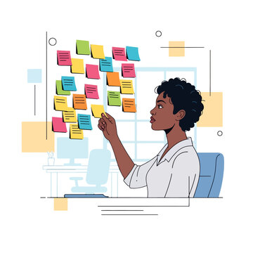 A professional woman organizes colorful sticky notes on a wall
