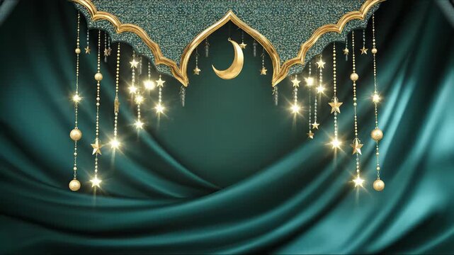 Luxurious emerald green drapes, ornate golden archway design, sparkling star lights, sacred decor, embodying a festive Muslim Islamic holy day celebration