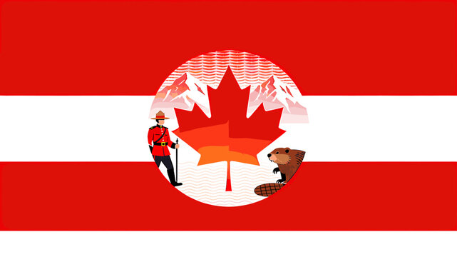 A vibrant Canadian-themed flag design featuring a red maple leaf, snow-capped mountains, an RCMP officer, and a beaver on a red and white striped background.