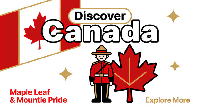 A vibrant graphic celebrating Canada with its flag, a Mountie, and a maple leaf, encouraging discovery and pride in Canadian culture.
